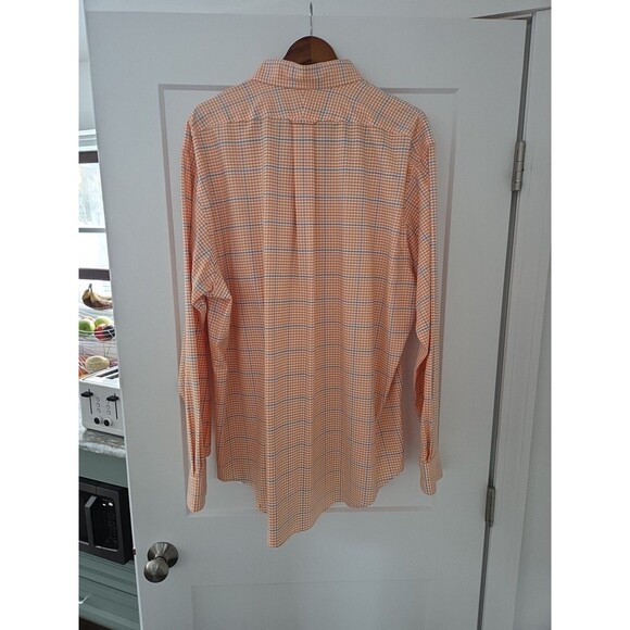 #56 Lands End Mens XL Peach/Blue Plaid Business Casual No Iron Original Oxford - Picture 2 of 4